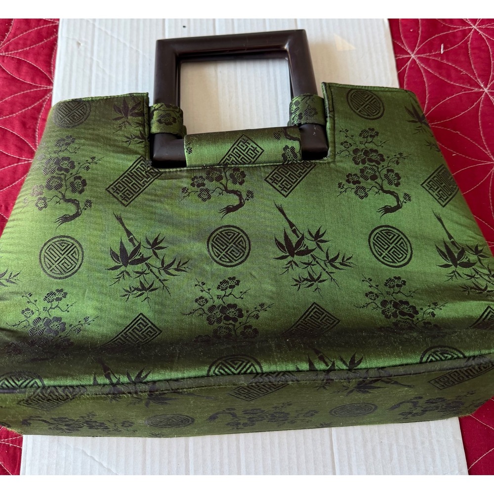 Asian Inspired Silk Clutch Handbag Wood Handles Green Floral Crane Pattern